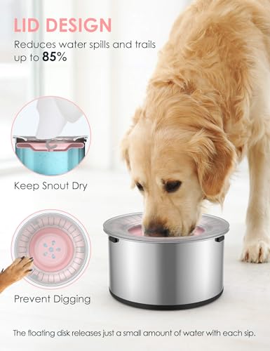 Heouvo 1Gallon Large Dog Water Bowl No Spill, [Anti Digging Lid & Rubber Bottom] Spill Proof Dog Bowl, Anti Splash Mess Dripless Slow Drinking Stainless Steel Water for Sloppy Messy Drinkers Car - color: Pink, size: 3.8L