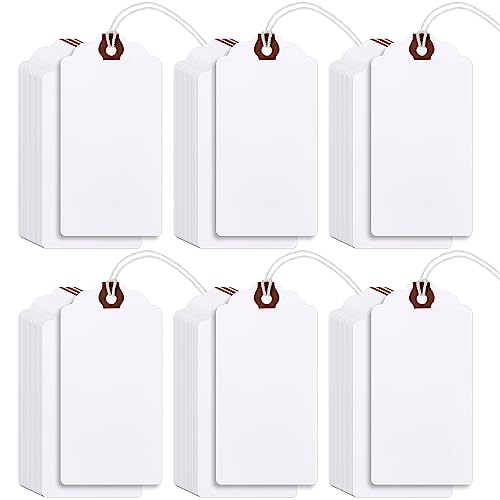 Outus 60 Pcs 4 3/4-in x 2 3/8-in Blank Large Paper Gift Tags with String and Reinforced Eyelet Wire Writable Price Tags Shipping Labels Inventory Labels(White) - color: White