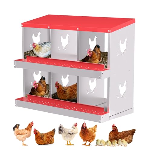 GarveeTech Nesting Boxes for Chickens, 6/8/10-Hole Galvanized Steel Chicken Nesting Boxes for Laying Eggs with Egg Rollaway System to Protect Eggs, Easy Egg Collection, for Chicken Coop Backyard Farm - color: red, size: 6 Compartments
