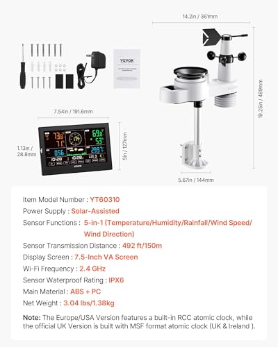 VEVOR 5-in-1 Wireless Weather Station, 7.5-Inch VA Display, Solar Powered Outdoor Sensor, Rain Gauge, Indoor Outdoor for Weather Forecast, Temperature, Humidity, Wind Speed and Direction (No WiFi) - style: 5-in-1 Wireless Weather Station