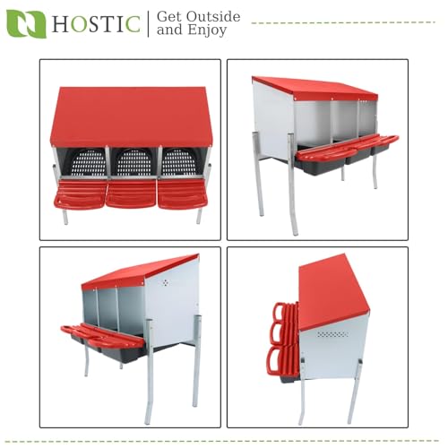 HOSTIC Red Chicken Nesting Box for Laying Egg with 3 Compartment and Metal Legs Chicken Egg Laying Box with Lid Cover