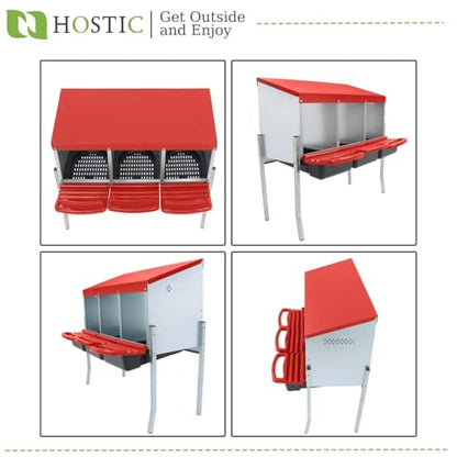 HOSTIC Red Chicken Nesting Box for Laying Egg with 3 Compartment and Metal Legs Chicken Egg Laying Box with Lid Cover