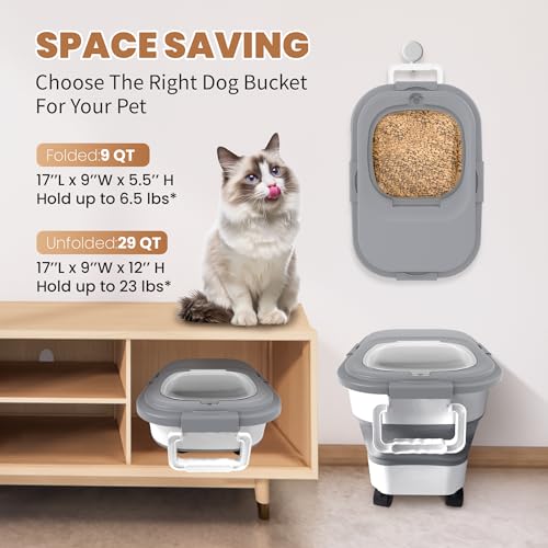 15-23 Lbs Airtight Dog Food Storage Container,Collapsible Dog Food Container with Lid,Wheels,Handle,Large Cat food storage Container with Scoop,Small Food Container for Dog Cat - color: Grey/23 LBS