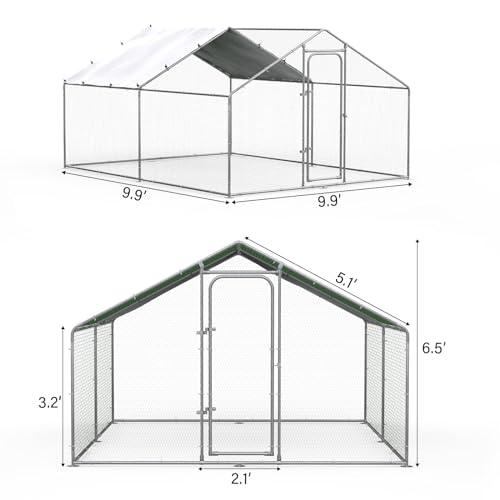 ORANLAND Large Metal Chicken Coop, 9.9x9.9x6.6ft Walk-in Chicken Runs with Cover, Spire Roof Chicken Pen with Security Lock, Outdoor Duck Rabbit Cage Poultry Pen for Backyard, Farm, Yard - size: 118.2"L x 118.2"W x 76.8"H
