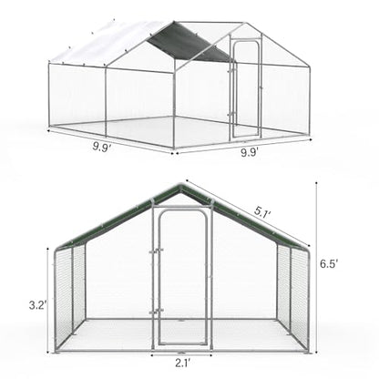 ORANLAND Large Metal Chicken Coop, 9.9x9.9x6.6ft Walk-in Chicken Runs with Cover, Spire Roof Chicken Pen with Security Lock, Outdoor Duck Rabbit Cage Poultry Pen for Backyard, Farm, Yard - size: 118.2"L x 118.2"W x 76.8"H