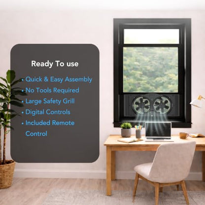 Comfort Zone 9-Inch Reversible Twin Window Fan with Remote Control – 3-Speed Dual Blade Fan with Exhaust, Cooling & Circulate Modes, Expandable Width 23.5" to 37", Removable Bug Screen & Tabletop Feet - color: Black, size: 9 inch (3-Speed w/Remote)