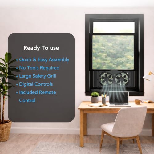 Comfort Zone 9-Inch Reversible Twin Window Fan with Remote Control – 3-Speed Dual Blade Fan with Exhaust, Cooling & Circulate Modes, Expandable Width 23.5" to 37", Removable Bug Screen & Tabletop Feet - color: Black, size: 9 inch (3-Speed w/Remote)