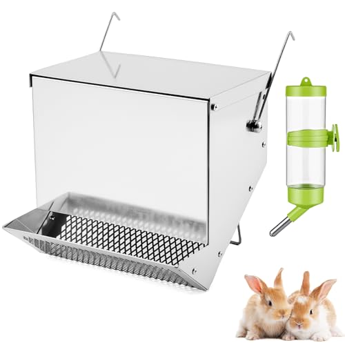 Rabbit Feeders Automatic for Cages,3.5 Pound Metal Trough Feeder with Water Bottle Galvanized Steel Outdoor Bunny Food Dispenser for Rabbits Chicken Guinea Pig Pet and Other Small Animals