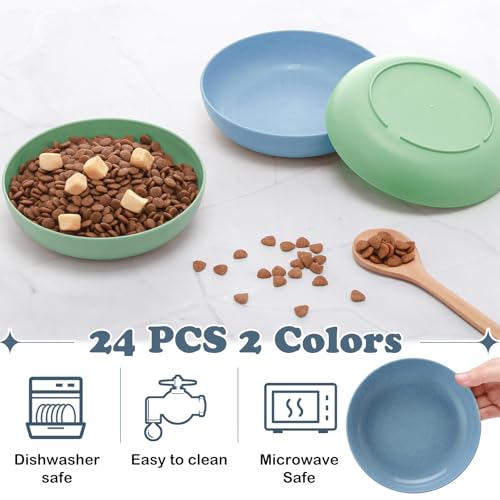 Tioncy 24 Pcs Cat Food Bowl 5.5'' Fatigue Relief Shallow Cat Food Dish Wide and Small Pet Wet Plate Wide Stray Wet Feeding Bowl for Ferrets Feral Short Legged Kitten, Wheat Straw(Blue,Green,Classic) - color: Blue,Green, style: Classic