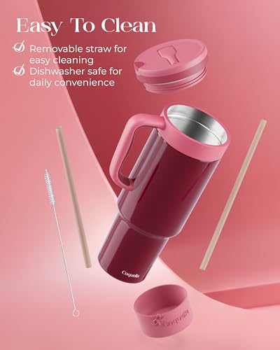 40 oz Insulated Tumbler with Handle and Push-Button Straw Lid, Stainless Steel Travel Cup for Gym Office, Leakproof, BPA-Free, Cup Holder Friendly, Bow Silicone Boot, Red (Wine Burgundy) - color: Wine Burgundy