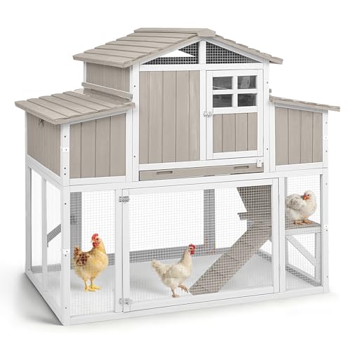 Large Wooden Chicken Coop for 2-6 Chickens, Outdoor Chicken House with 4 Nest Boxes, Hen House Poultry House Pet Hutch Chicken Cage with Waterproof Asphalt Roof, Ramp, Roosting Bars - color: Grey