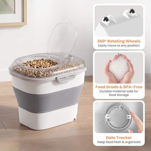 50 Lbs Rice Storage Container with Wheels, Collapsible Airtight Dog Food Storage Container with Transparent Lid, Measuring Cup, Scoop, Handle, BPA Free Rice Holder for Pet Food, Grain, Bird Seed - color: Grey/50lbs