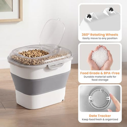50 Lbs Rice Storage Container with Wheels, Collapsible Airtight Dog Food Storage Container with Transparent Lid, Measuring Cup, Scoop, Handle, BPA Free Rice Holder for Pet Food, Grain, Bird Seed - color: Grey/50lbs