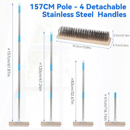 Heavy Duty Wire Broom with 70.8" Telescopic Handle: Stainless Steel Outdoor Broom for Cleaning Moss Concrete Floors Grout Gardens Patio Deck Concrete Garage (Style 2) - color: Apricot- 70.8 Inch