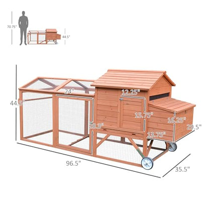 PawHut 96.5" Chicken Coop Wooden Hen House Poultry Cage Pen Portable with Wheels and Nesting Box, Chicken Cage for Backyard Outdoor, Natural - color: Brown