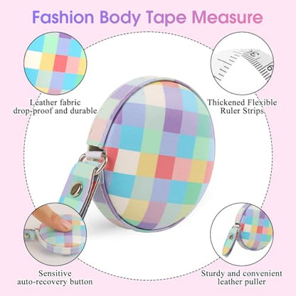 Retractable Mini Tape Measure, Auto-Retract, Premium Leather Tape Measure, Dual-Sided Ruler, Ideal for Fabric Cutting, Body Measurements, and Handicrafts (Rainbow Check) - color: Rainbow Check