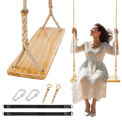 Wooden Tree Swing 24"x 8"x 1.2" 500lbs Load,Hanging Wood Swing for Adults & Kids,Adjustable Hemp Rope Plus Tree Straps 10.54FT, Wooden Swing Seat for Outdoor & Indoor - color: Raw Wood