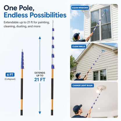 28 FT Exterior House Cleaning Brush Set with 6-21 Foot Telescoping Extension Pole, Soft Scrub Car Wash Brush, Medium Bristle Cleaning Brush and Window Squeegee & Washer - size: 21FT POLE