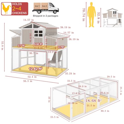 Large Chicken Coop and Run, Wooden Hen House with 4 Sectionable Nesting Boxes, Poultry Duck House for 4-10 Chickens with 5 Perches, Pull-Out Tray and Ramp, Grey