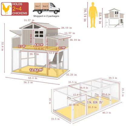 Large Chicken Coop and Run, Wooden Hen House with 4 Sectionable Nesting Boxes, Poultry Duck House for 4-10 Chickens with 5 Perches, Pull-Out Tray and Ramp, Grey