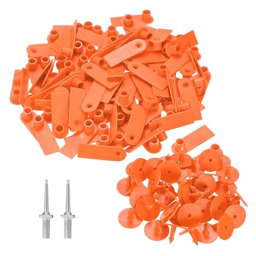M METERXITY 100-Pack Sheep Ear Tags, Plastic Blank Livestock Tags with 2 Ear Label Needles for Cows/Sheep/Cattle/Pig, Farm Animal Identification Markers [Orange] - color: Orange