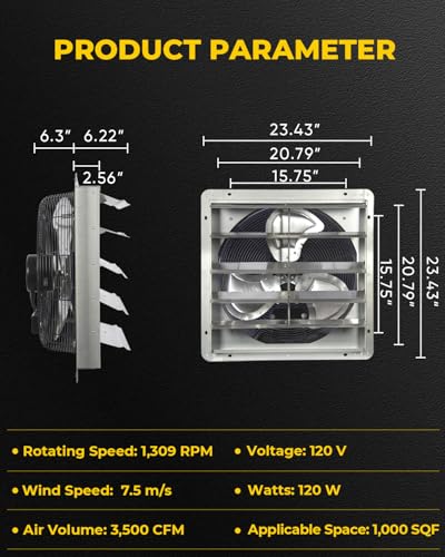 VENTISOL 20 Inch Shutter Exhaust Fan Wall Mounted, 3500CFM Exhaust Fan with Pre-Installed 1.65m Power Cord, Ventilation fan for Greenhouse, Garages, Attic, Shops, Chicken Coop - style: 20" with Power cord