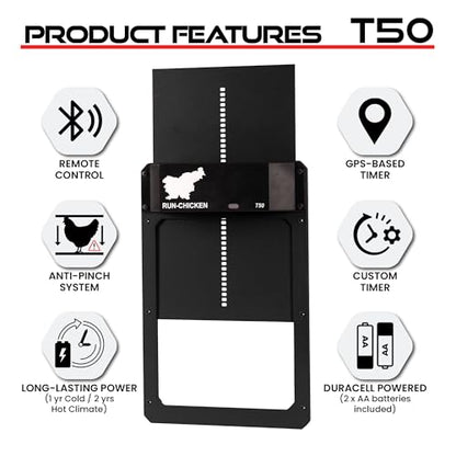 RUN-CHICKEN Door T50 – Automatic Chicken Coop Door Opener, Battery Powered & Weatherproof Aluminum, Smart App & Timer Control, Predator Proof, Easy Install, Reliable All-Season Performance (Onyx)