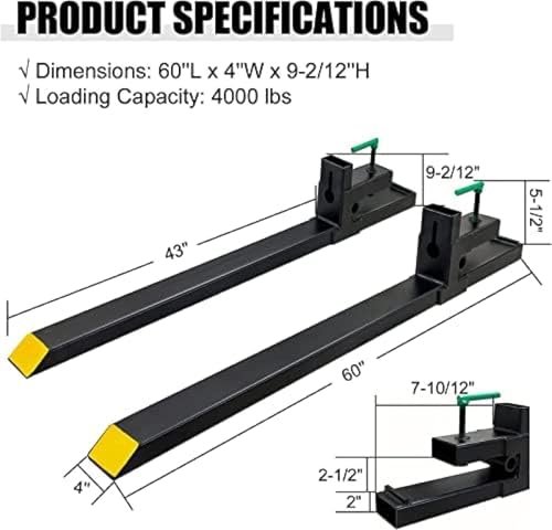 Clamp On Debris Forks To 48-60" Bucket, Heavy Duty Pallet Fork Fit For Loader Bucket Skidsteer Tractor,60''without Stabilizer Bar 4000LBS - size: 60''without Stabilizer Bar 4000LBS