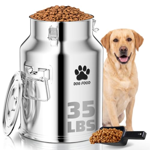 35LBS Large Metal Dog Food Storage Container, Stainless Steel Dog Food Storage Tank, Multifunctional Storage Bin with Lid and Spoon, Food Storage Container for Big Dogs, Keep Fresh, Easy to Clean