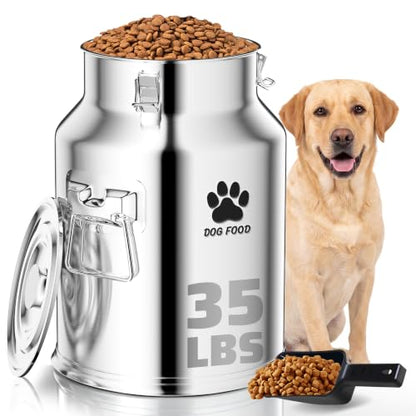 35LBS Large Metal Dog Food Storage Container, Stainless Steel Dog Food Storage Tank, Multifunctional Storage Bin with Lid and Spoon, Food Storage Container for Big Dogs, Keep Fresh, Easy to Clean