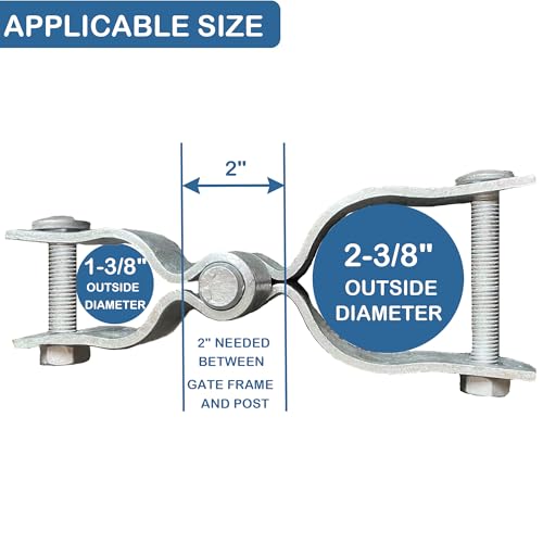 2 Pack 1-3/8" x 2-3/8" Chain Link Fence Gate Hinge Kit, Galvanized Steel Gate Hinges, Heavy Duty with 2 PCS 1-3/8" Frame Hinge and 2 PCS 2-3/8" Post Hinge, Bolts & Nuts Included