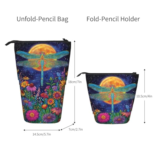 Dragonfly Moon Standing Pencil Case Cute Telescopic Stationary Pouch with Zipper Large Capacity Stand up Pen Bag Portable Makeup Holder for School Office Supplies - color: Dragonfly