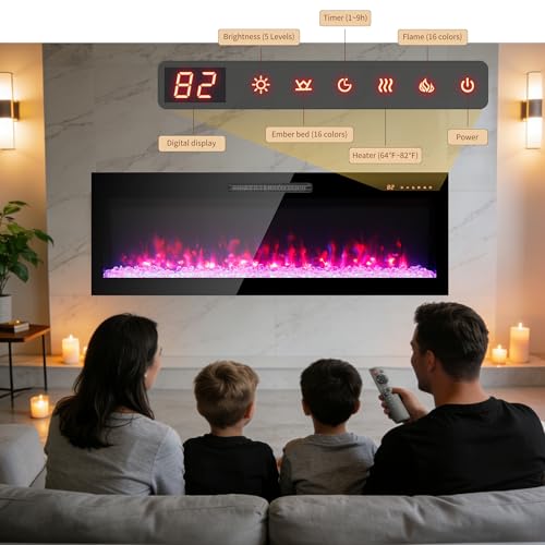 50" Electric Fireplace, Wall Mounted Recessed Fireplace Insert, 16 Adjustable Flame Colors, Fit 2x6 Stud w/Timer, Remote Control, Ultra-Thin Fireplace Heater, 1400W, Black - size: 50 Inch Standard