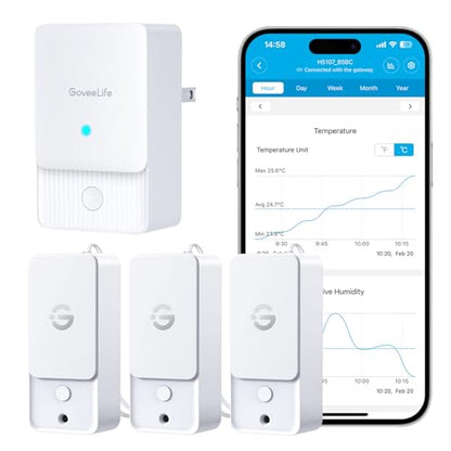 GoveeLife Outdoor Indoor Wireless Wi-Fi Gateway Thermometer Hygrometer, IP65 Waterproof Temperature Humidity Sensor Monitor with Remote APP Alert, 1312ft Monitoring Range,for Home, Greenhouse, Patio - style: LoRa Gateway + 3 Sensors