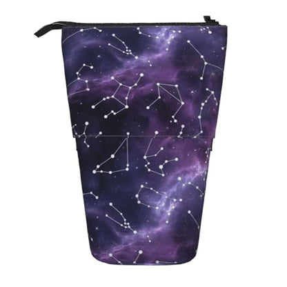 Purple Constellation Standing Pencil Case Cute Telescopic Stationary Pouch with Zipper Large Capacity Stand up Pen Bag Portable Makeup Holder for School Office Supplies - color: Constellation