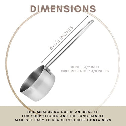 3/4 Cup Stainless Steel Measuring Cup, Long 6" Wire Loop Handle and Pour Spout | Sturdy Metal 177 ml | 177 cc | 6 oz | Single Cup for Wet and Dry Ingredients | Great for use as 3/4 Cup Dog Food Scoop - size: 3/4 Cup Long Handle