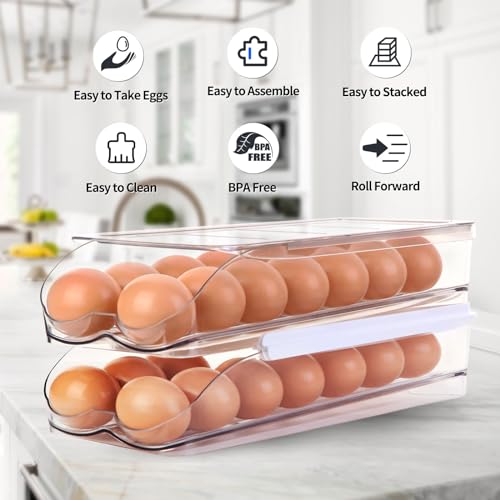 RoskDeewat Egg Holder for Fridge, Automatically Rolling Egg Container for Refrigerator, Clear Plastic Fridge Organizers and Storage with Lid, Stackable Egg Dispenser & Tray (3 Tier) - size: 3 Tiers Holder 42 Eggs