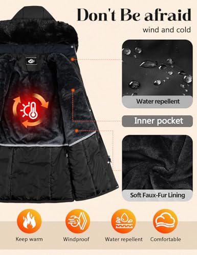 Womens Long Puffer Winter Coats Fleece Jacket Down Parka Warm Overcoat Thicken Quilted Jacket Removable Fur Coat - color: Black, size: Medium