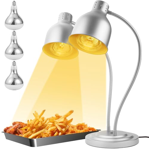 Food Heat Lamp, Heating Lamp with Flexible Arm, 250W Bulb x 3-5000 Hours Rated, Commercial Food Warmers for Buffet, Parties, Fast Food, (Sliver) - color: Sliver, size: Double-Head