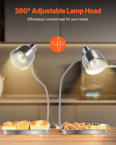 VEVOR Food Heat Lamp, 500W Electric Commercial Food Warmer Light, 2-Head Stainless Steel French Fry Heating Lamp with 3 Bulbs, Catering Food Warming Equipment for Kitchen, Buffet, Restaurant, Silver - style: Tabletop