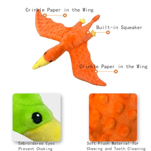 Squeaky Dog Toys Plush Dog Toy with Crinkle Paper Stuffed Durable Dog Chew Toys for Small Middle and Large Dogs Pterodactyl Orange - color: Pterodactyl Orange