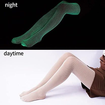 Glow in the Dark Fishnets Stockings, High Waist Tights Party Stockings for Womens - color: White-green