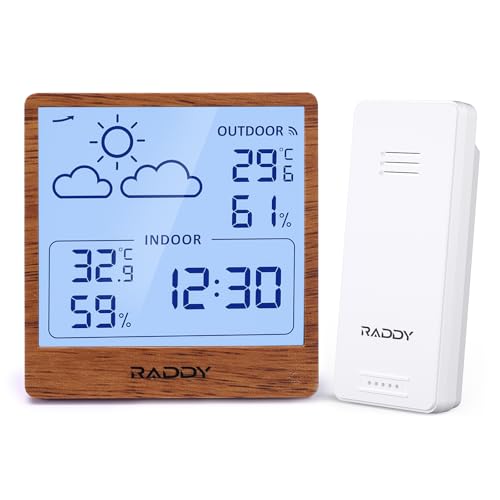 Raddy WF-50T Indoor Outdoor Thermometer Hygrometer Wireless Weather Station, Battery Powered Temperature & Humidity Monitor with 5.0’’ Display, Weather Forecast, Wireless Remote Sensor, Dark Wood