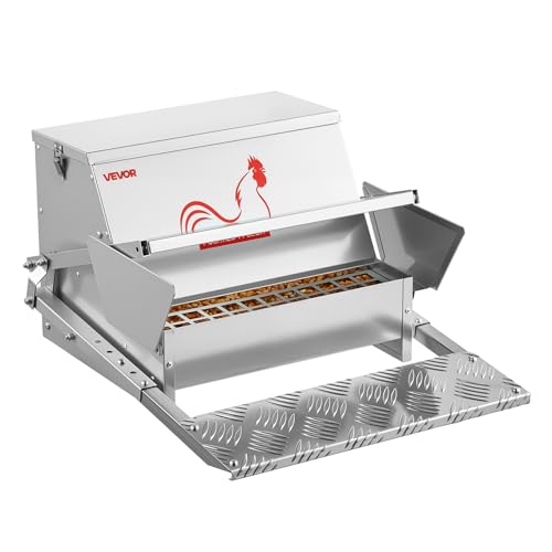 VEVOR Automatic Chicken Feeder, 25 lbs Capacity, Rainproof Treadle Poultry Feeder with Lockable Lid, No Waste, Galvanized Steel Construction, Outdoor Use, for Chicken, Bantams, Poultry, Pheasants