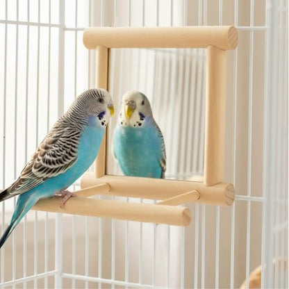 Hypeety Bird Parrot Mirror Toy Swing Hanging with Perch for Parrot Parakeet Budgies Cockatiel Conure Finch Lovebird (D) - color: Wooden Mirror with Perch