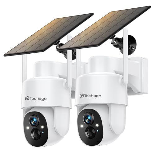 Solar Security Cameras Wireless Outdoor, 2K WiFi Cameras for Home Security, 360° PTZ Surveillance Camera with PIR, Color Night Vision, 2-Way Talk, IP66 Waterproof, SD/Cloud, Work with Alexa (2 Pack) - color: White-CQ1S 2PACK