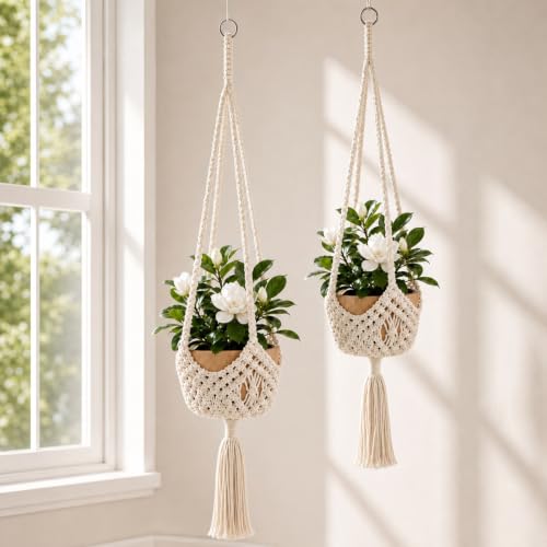 Shappy 2 Pack Boho Macrame Plant Hanger, Large Hanging Planter Plant Holder Pot Hanger Hanging Basket Wall Planters, Plants Lover Gift for Indoor Garden (Spiral Knot,White) - color: White, size: Style D