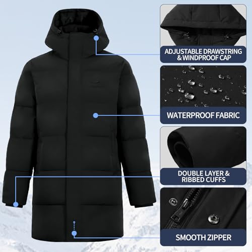 Pioneer Camp Mens Long Winter Coat Hooded Waterproof Insulated Puffer Jacket Thicken Puffy Warm Down Windbreaker Parka - color: Black, size: Small