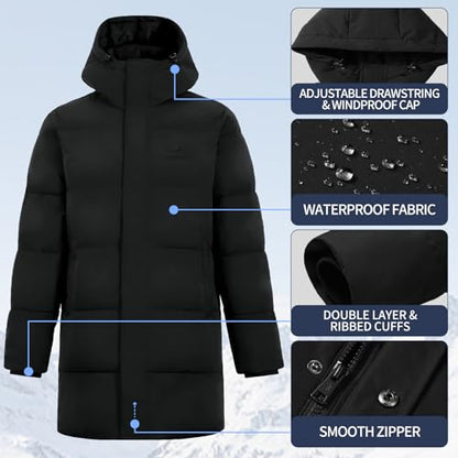 Pioneer Camp Mens Long Winter Coat Hooded Waterproof Insulated Puffer Jacket Thicken Puffy Warm Down Windbreaker Parka - color: Black, size: Large