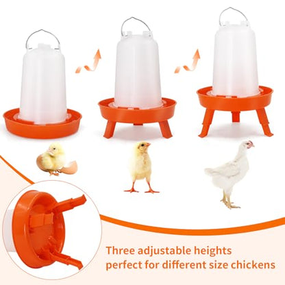 Chicken Feeder and Waterer Kit, 1L Feeder and 1.5L Waterer with 3 Heights Adjustable Legs,Poultry Feeder and Hanging Drinker No Spill/Waste for Chicken Coop, Ducks, Birds